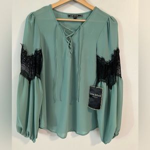 LOVE STITCH Lace Detail Front-Tie Long-Sleeve Mint Green Blouse size Small